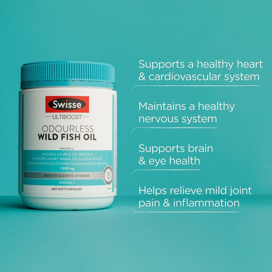 Swisse Ultiboost High Strength Odourless Wild Fish Oil - For Heart, Brain, Eye & Joint Health Support - 200 Capsules